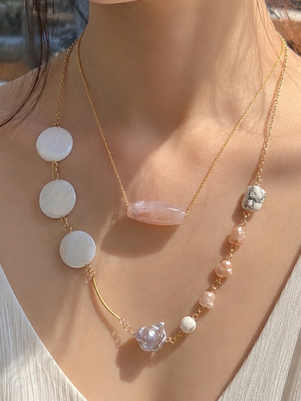 Baroque Pearl & Sakura Agate Asymmetrical Necklace